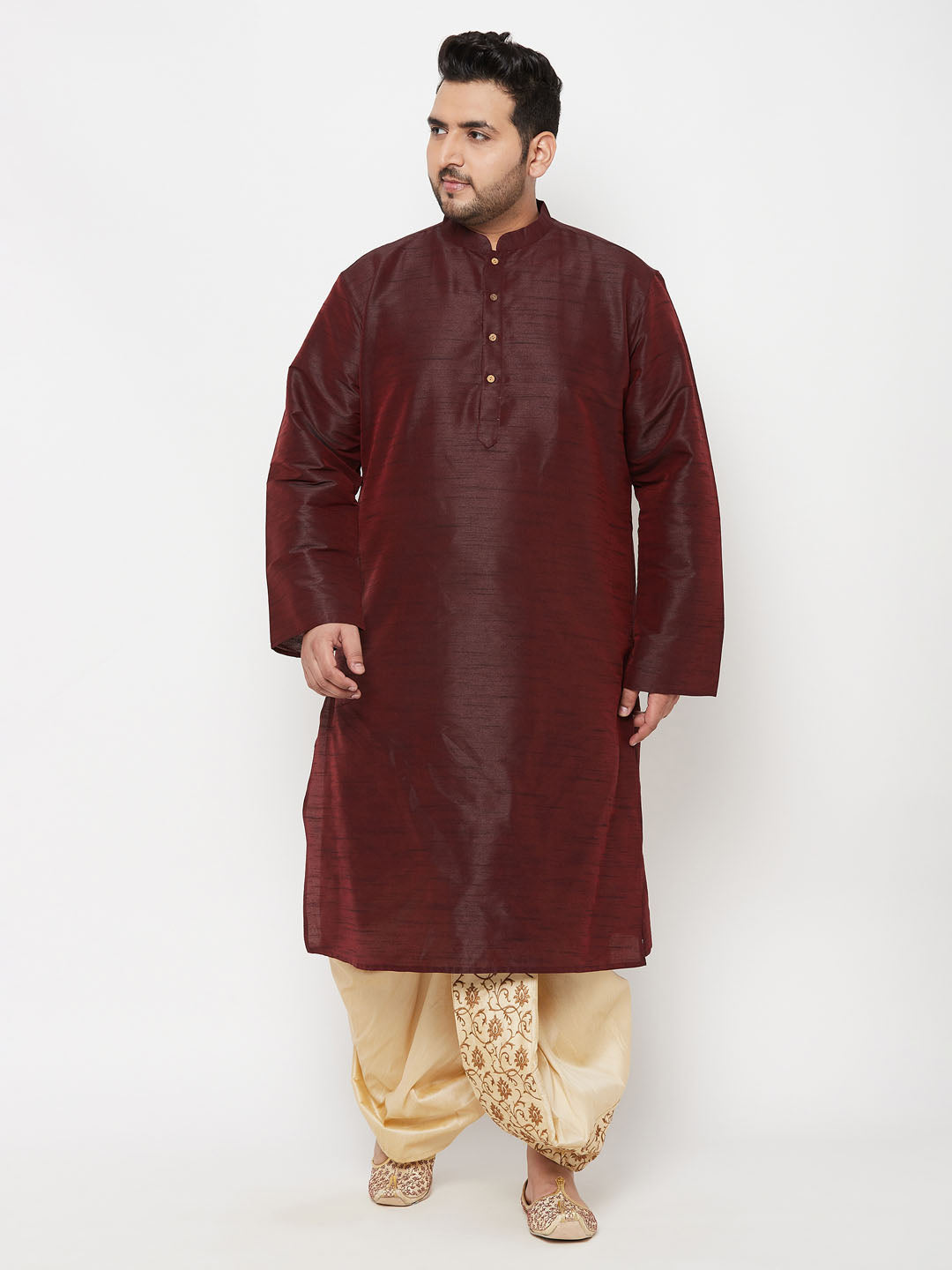 Vastramay mens plus size wine color silk blend kurta and gold dhoti set