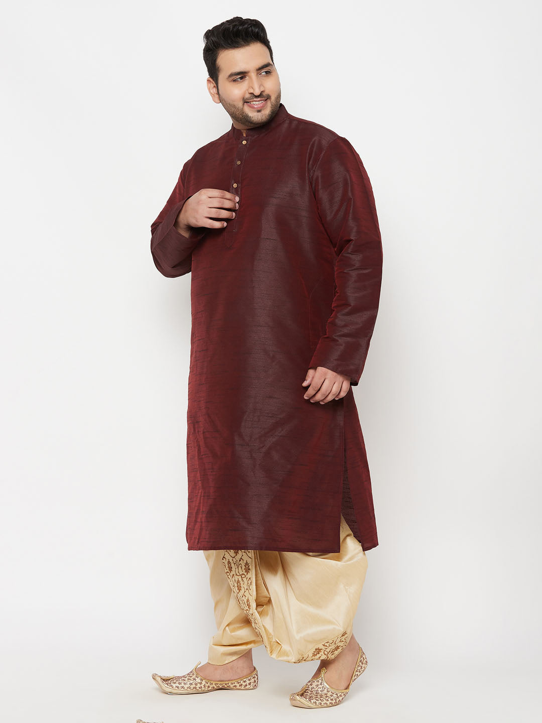 Vastramay mens plus size wine color silk blend kurta and gold dhoti set