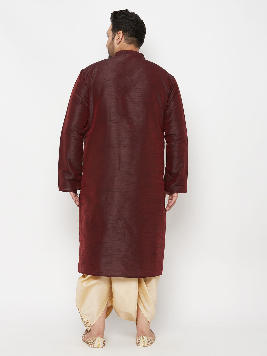 Vastramay mens plus size wine color silk blend kurta and gold dhoti set