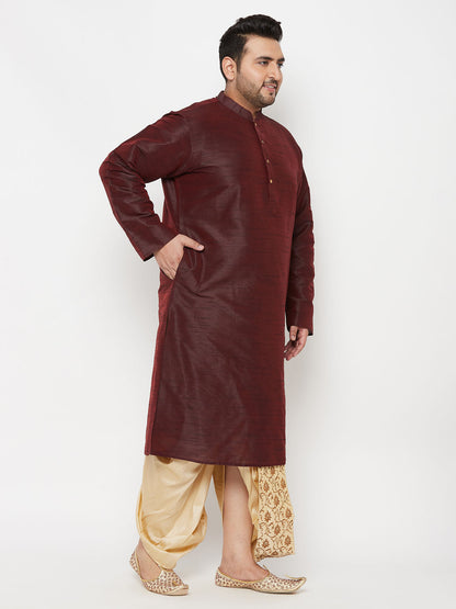 Vastramay mens plus size wine color silk blend kurta and gold dhoti set