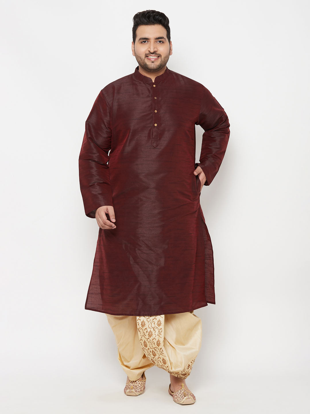 Vastramay Men's Plus Size Wine Silk Blend Kurta Dhoti Set