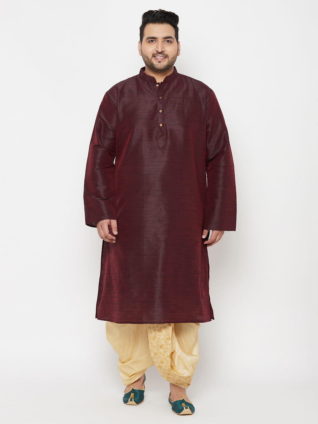 Vastramay mens plus size wine silk blend kurta and gold dhoti set