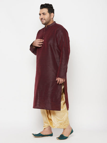 Vastramay mens plus size wine silk blend kurta and gold dhoti set