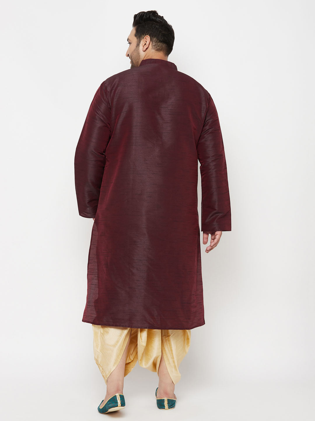 Vastramay mens plus size wine silk blend kurta and gold dhoti set