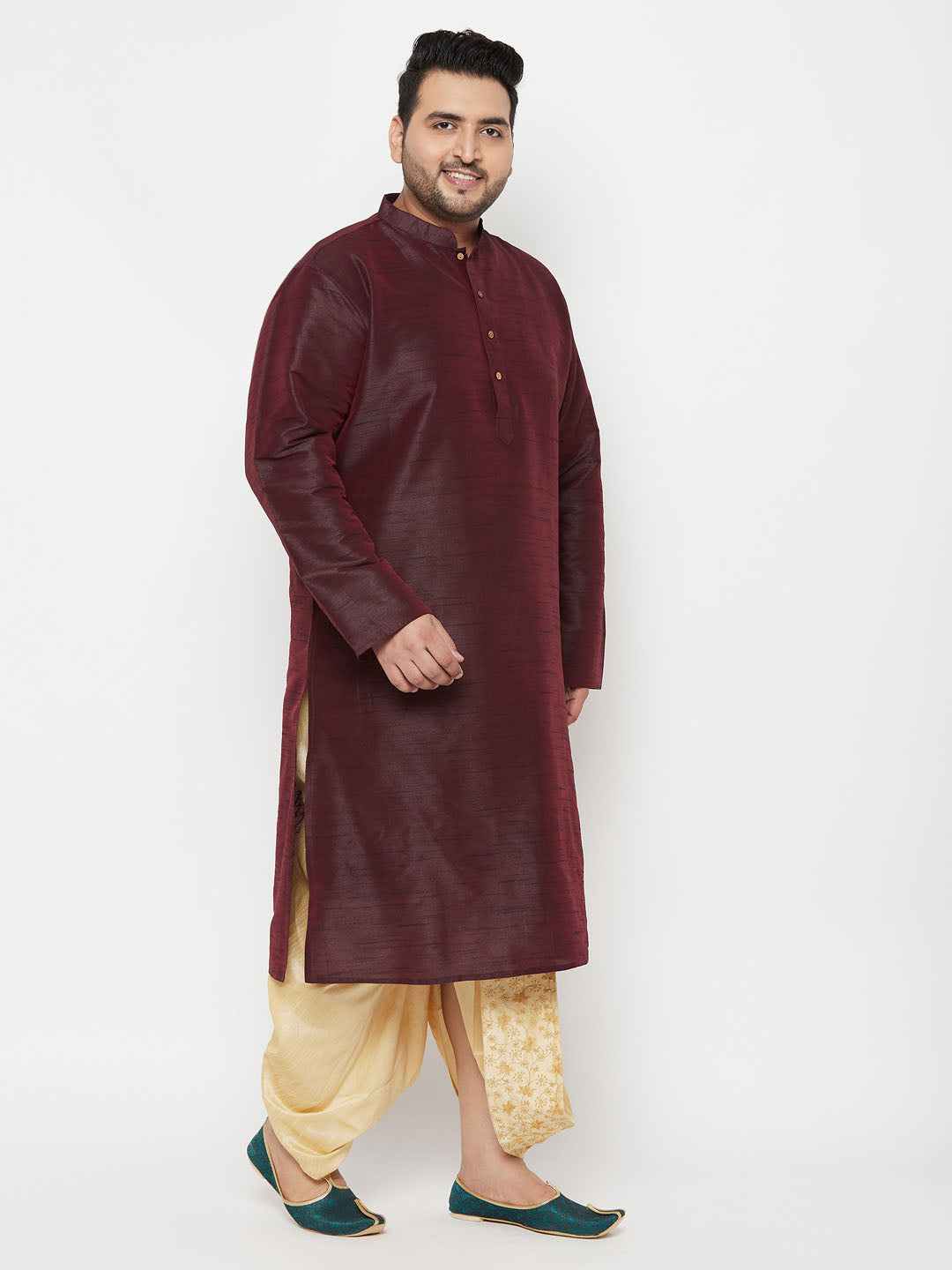 Vastramay mens plus size wine silk blend kurta and gold dhoti set