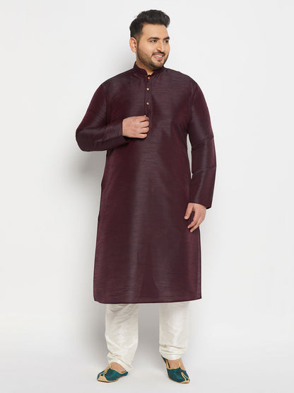 Vastramay mens plus size burgundy silk blend kurta and cream pant style pyjama set