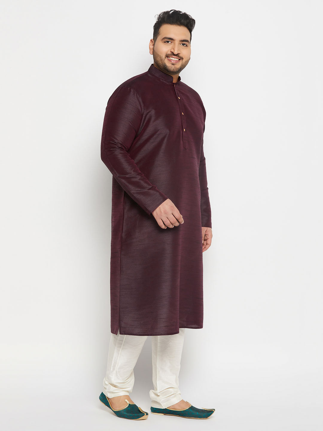 Vastramay mens plus size burgundy silk blend kurta and cream pant style pyjama set