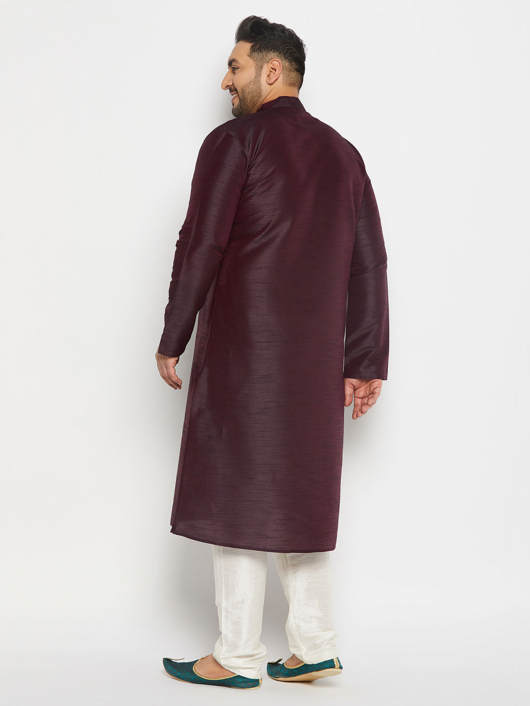 Vastramay mens plus size burgundy silk blend kurta and cream pant style pyjama set