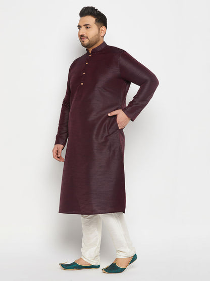 Vastramay mens plus size burgundy silk blend kurta and cream pant style pyjama set