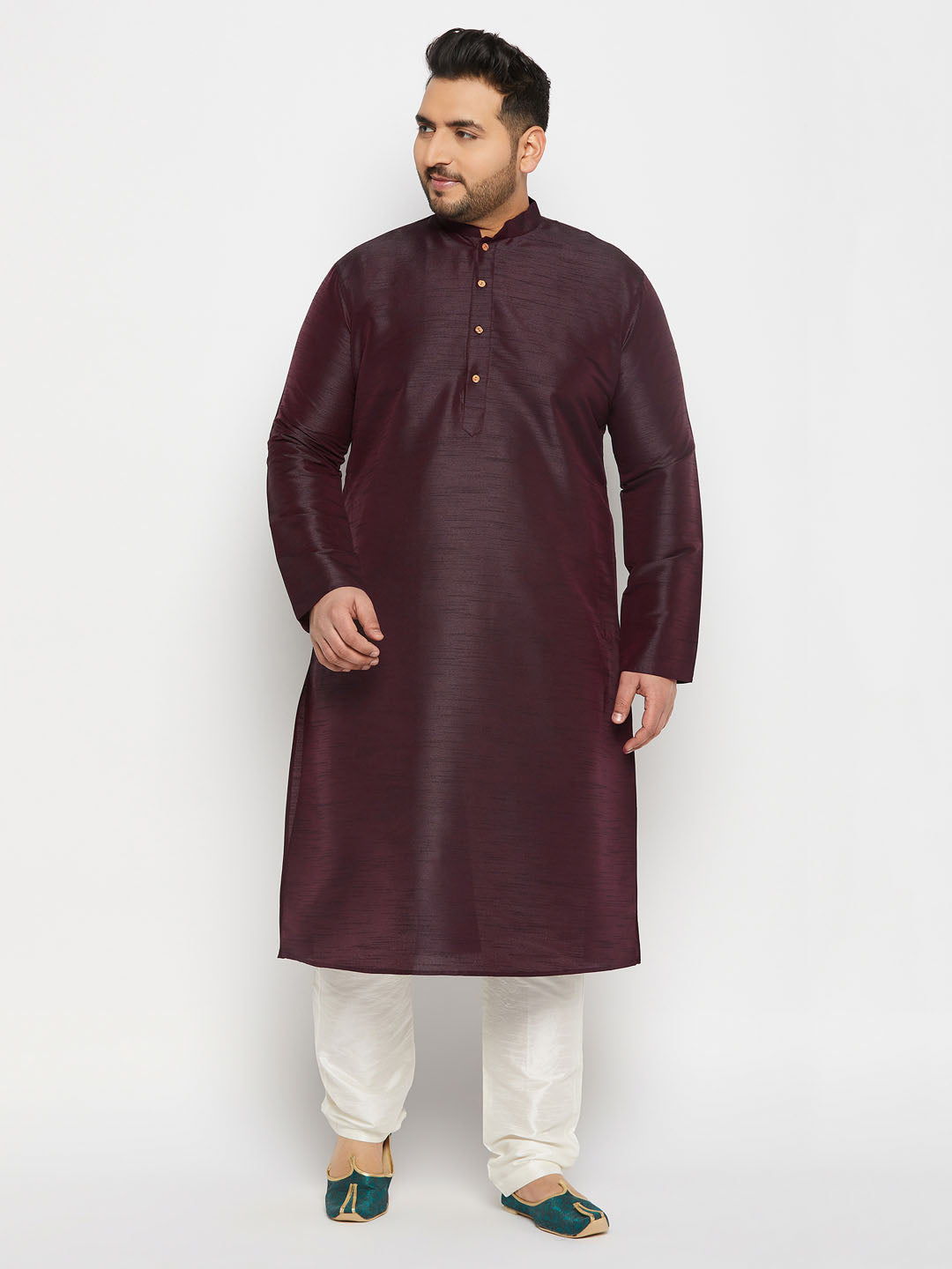 Vastramay mens plus size burgundy silk blend kurta and cream pant style pyjama set