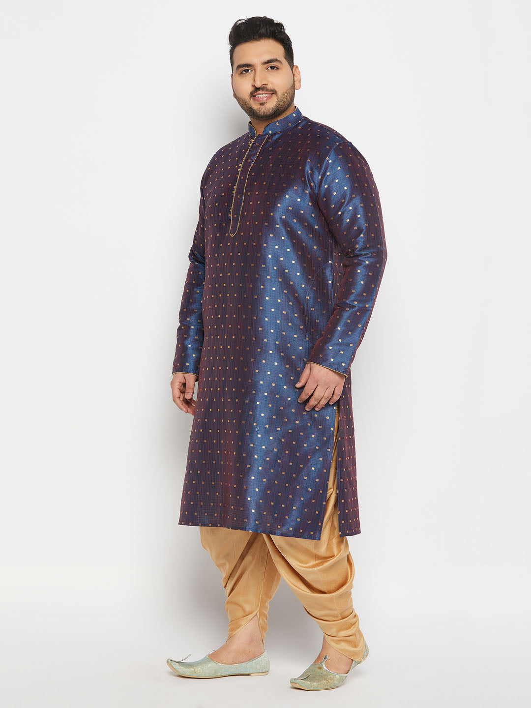 vastramay mens blue cotton silk blend kurta and rose gold cawl pant set