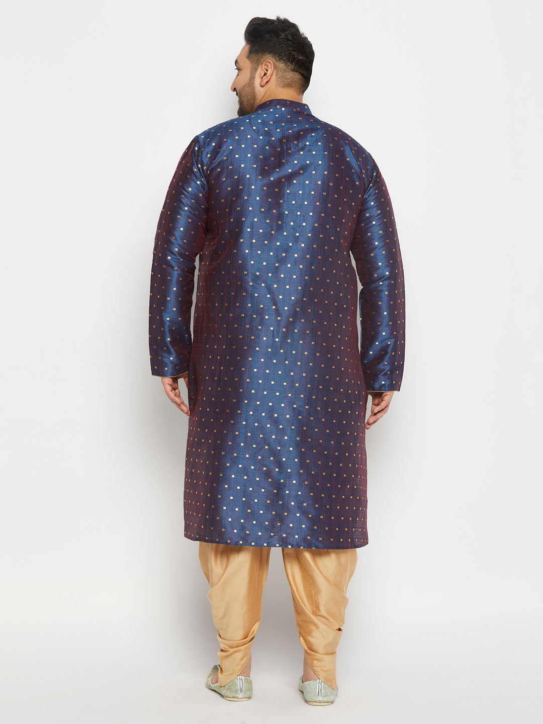 vastramay mens blue cotton silk blend kurta and rose gold cawl pant set