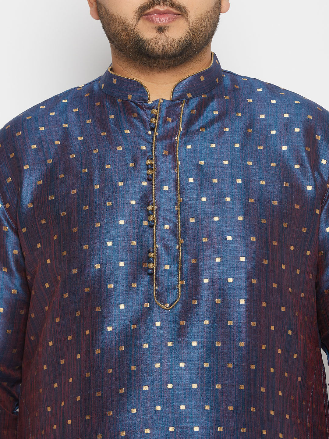 vastramay mens blue cotton silk blend kurta and rose gold cawl pant set