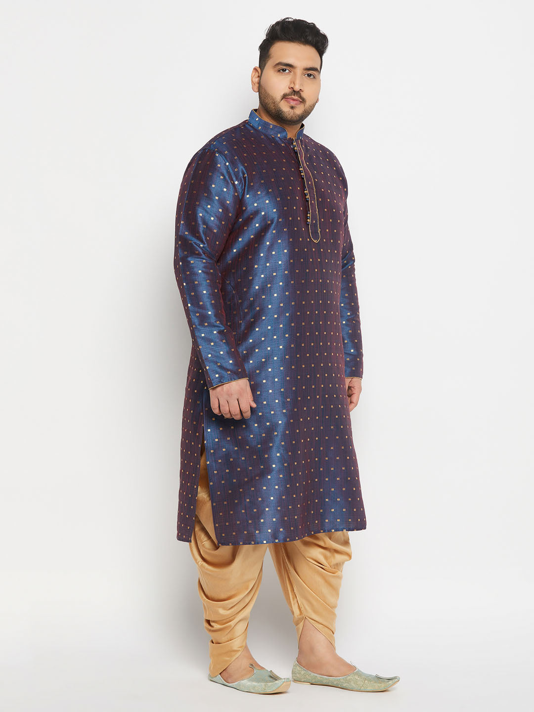 vastramay mens blue cotton silk blend kurta and rose gold cawl pant set