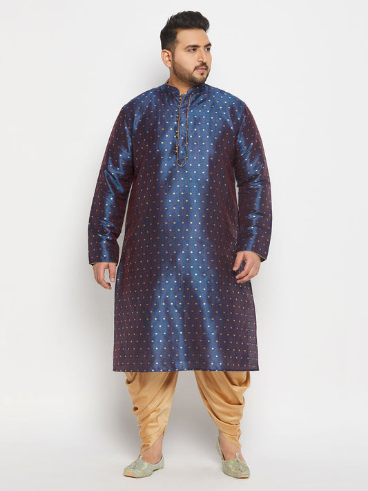 vastramay mens blue cotton silk blend kurta and rose gold cawl pant set