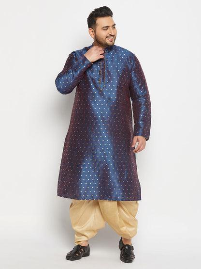 vastramay mens plus size blue cotton silk blend kurta and gold pleated dhoti pant set