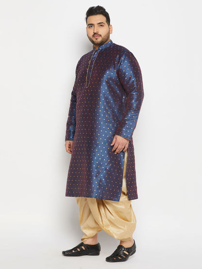 vastramay mens plus size blue cotton silk blend kurta and gold pleated dhoti pant set