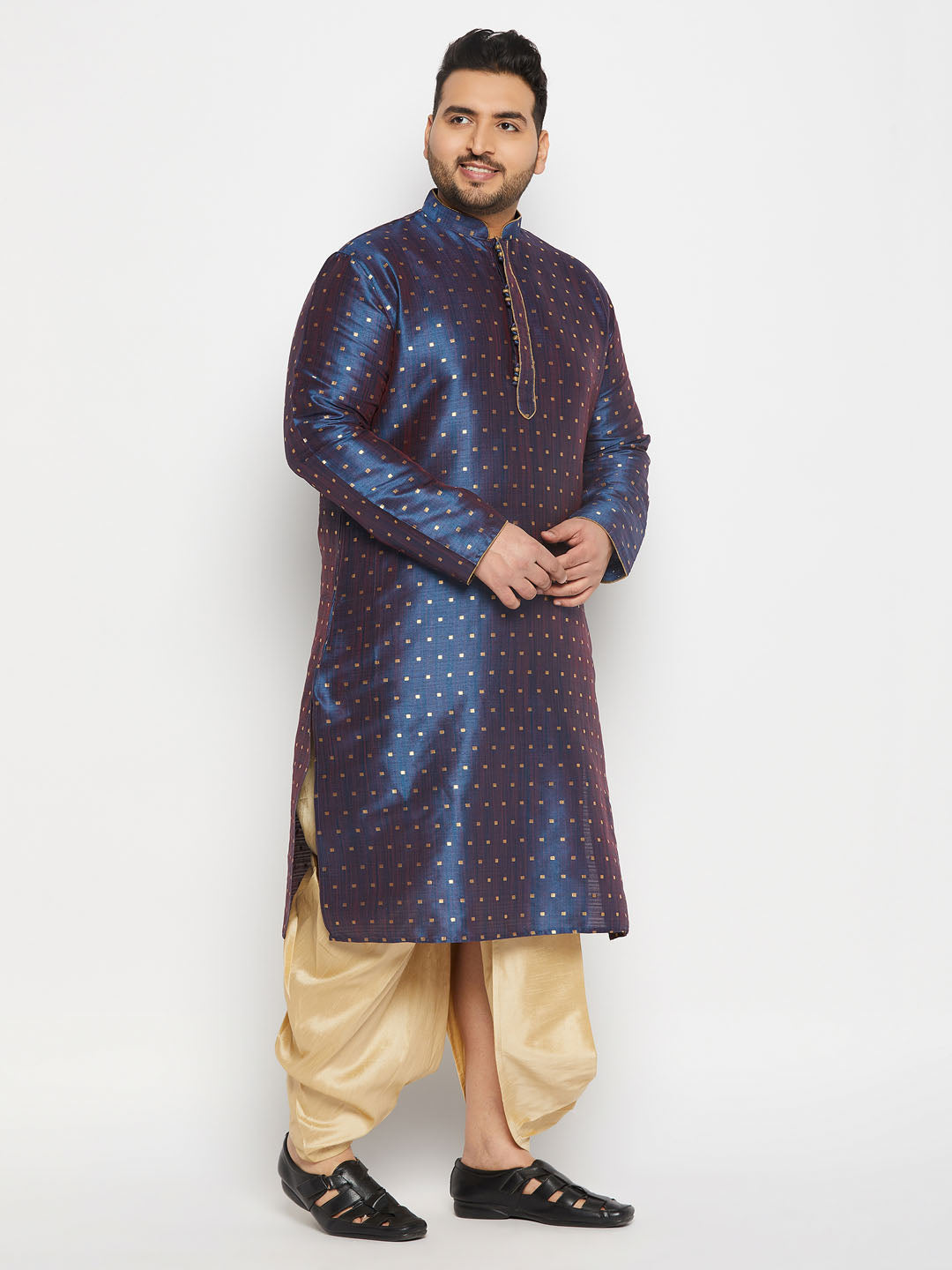 vastramay mens plus size blue cotton silk blend kurta and gold pleated dhoti pant set