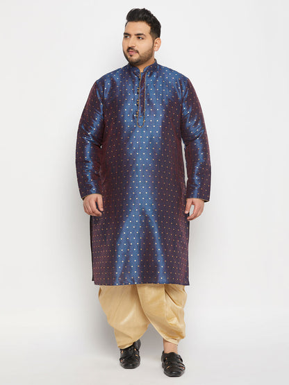 vastramay mens plus size blue cotton silk blend kurta and gold pleated dhoti pant set