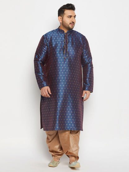 vastramay mens plus size blue cotton silk blend kurta and rose gold pleated dhoti pant set