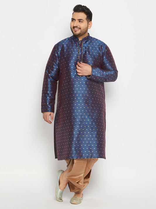 vastramay mens plus size blue cotton silk blend kurta and rose gold pleated dhoti pant set