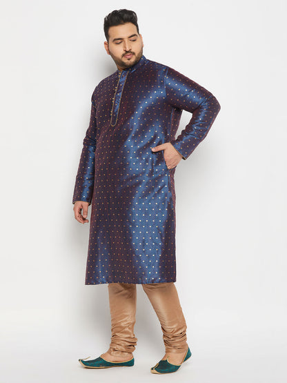 vastramay mens plus size blue cotton silk blend kurta and rose gold pyjama set