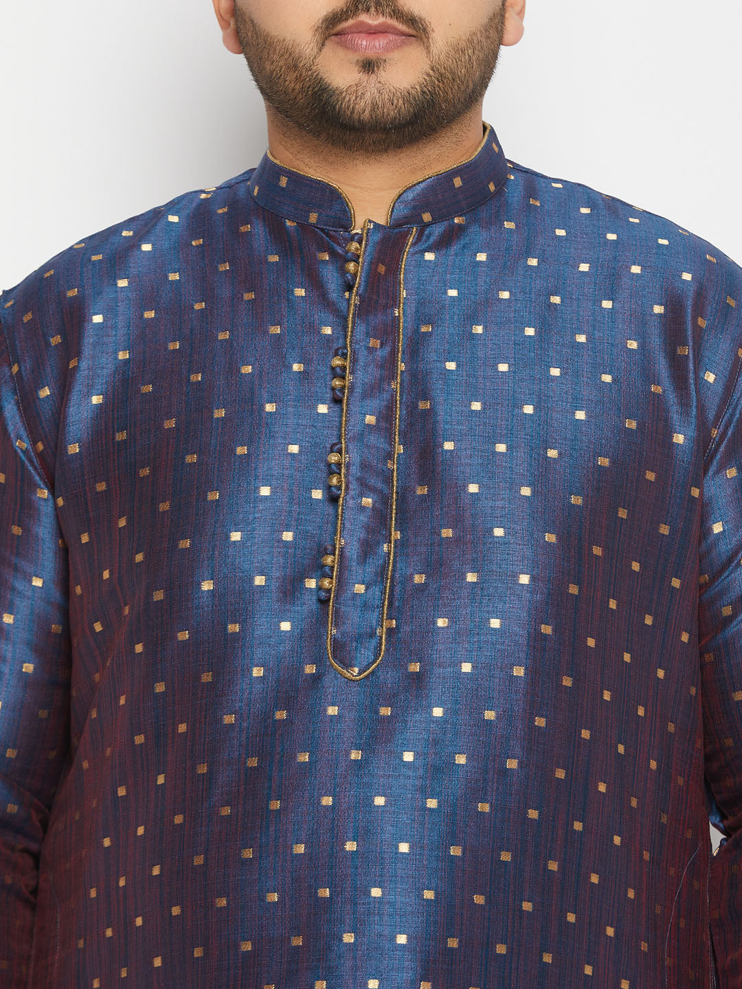 vastramay mens plus size blue cotton silk blend kurta and rose gold pyjama set