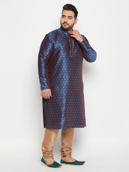 vastramay mens plus size blue cotton silk blend kurta and rose gold pyjama set