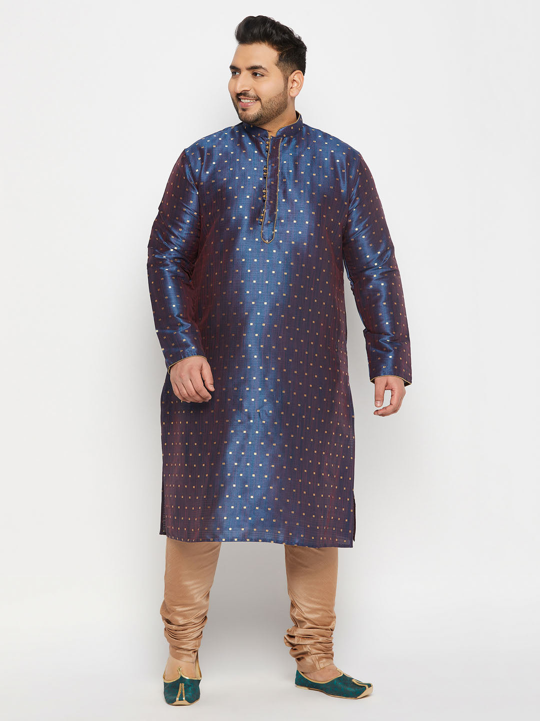 vastramay mens plus size blue cotton silk blend kurta and rose gold pyjama set