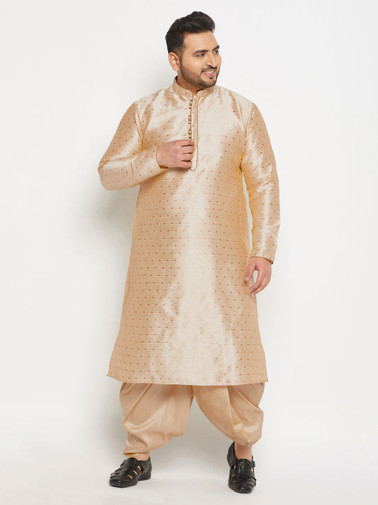 vastramay mens plus size gold cotton silk blend kurta and gold pleated dhoti pant set