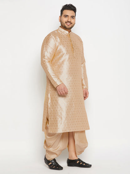 vastramay mens plus size gold cotton silk blend kurta and gold pleated dhoti pant set