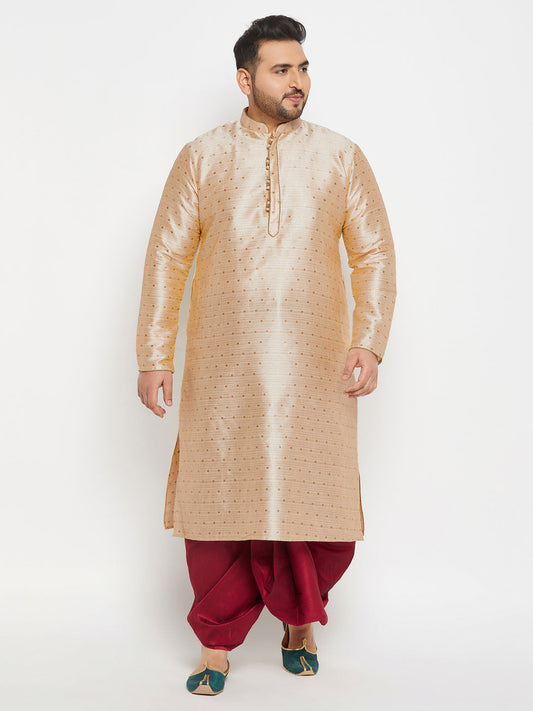 vastramay mens plus size gold cotton silk blend kurta and maroon pleated dhoti pant set