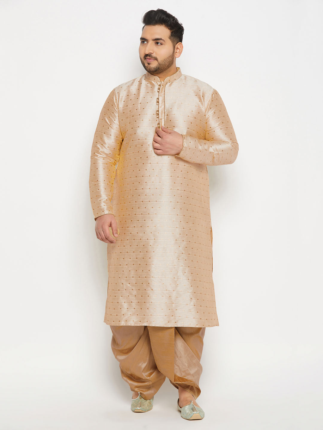 vastramay mens plus size gold cotton silk blend kurta and rose gold pleated dhoti pant set