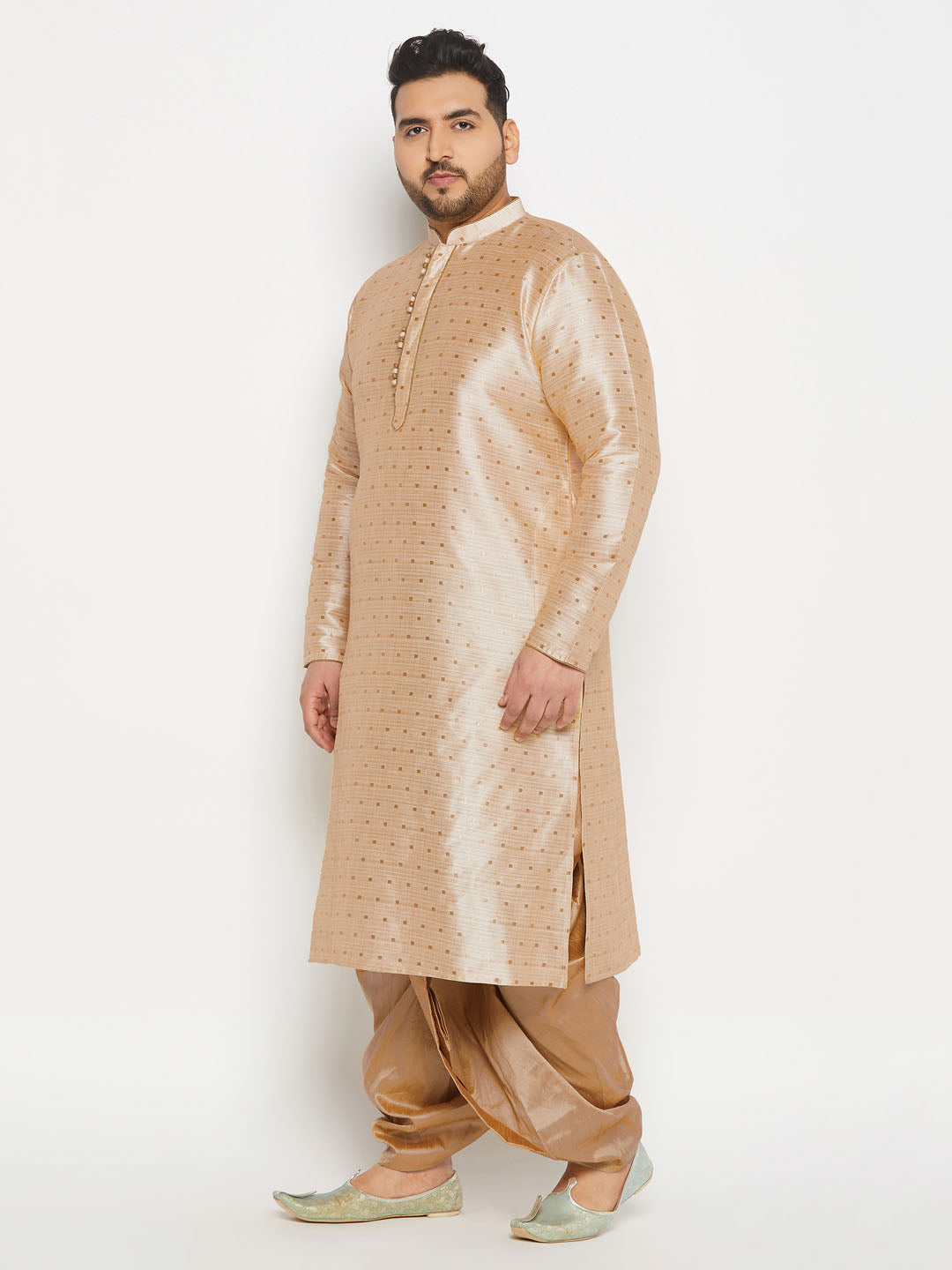 vastramay mens plus size gold cotton silk blend kurta and rose gold pleated dhoti pant set