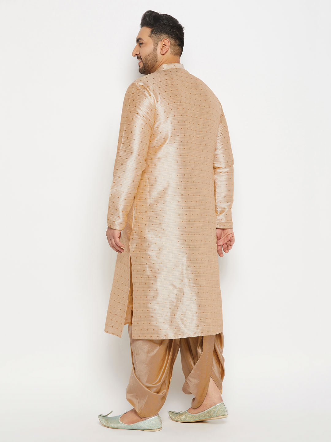 vastramay mens plus size gold cotton silk blend kurta and rose gold pleated dhoti pant set