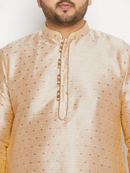 vastramay mens plus size gold cotton silk blend kurta and rose gold pleated dhoti pant set