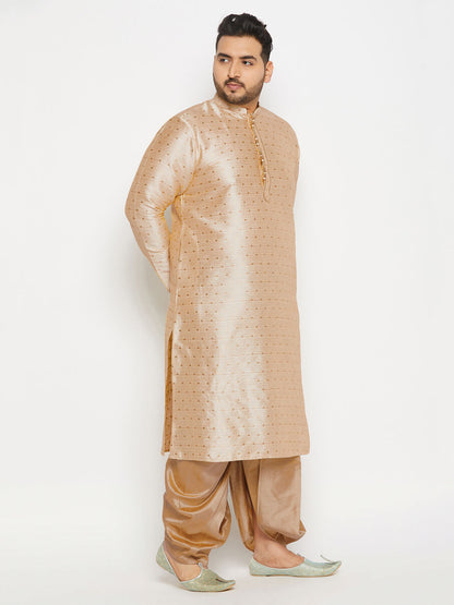 vastramay mens plus size gold cotton silk blend kurta and rose gold pleated dhoti pant set