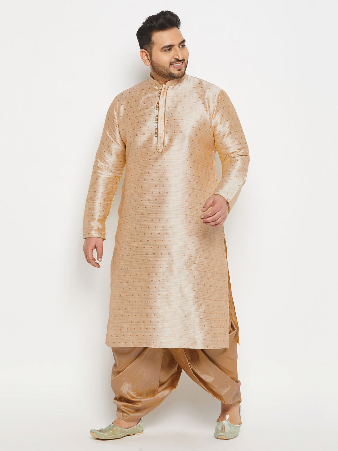 vastramay mens plus size gold cotton silk blend kurta and rose gold pleated dhoti pant set