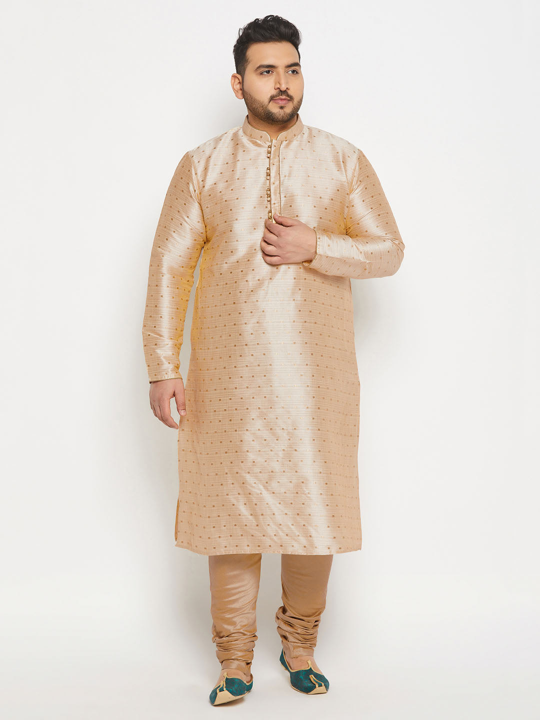 vastramay mens plus size gold cotton silk blend kurta and rose gold pyjama set