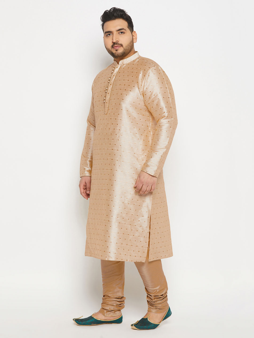 vastramay mens plus size gold cotton silk blend kurta and rose gold pyjama set