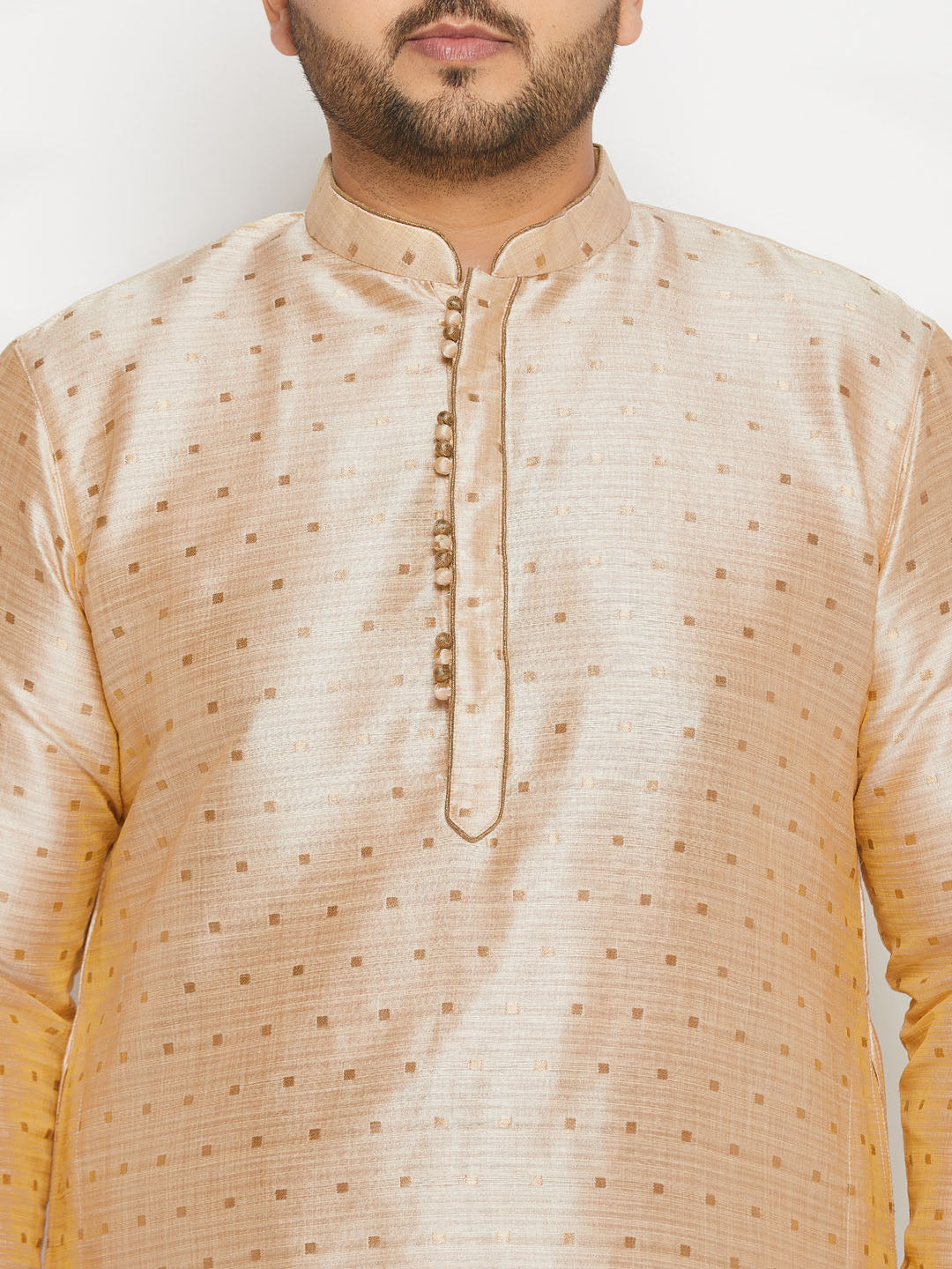 vastramay mens plus size gold cotton silk blend kurta and rose gold pyjama set