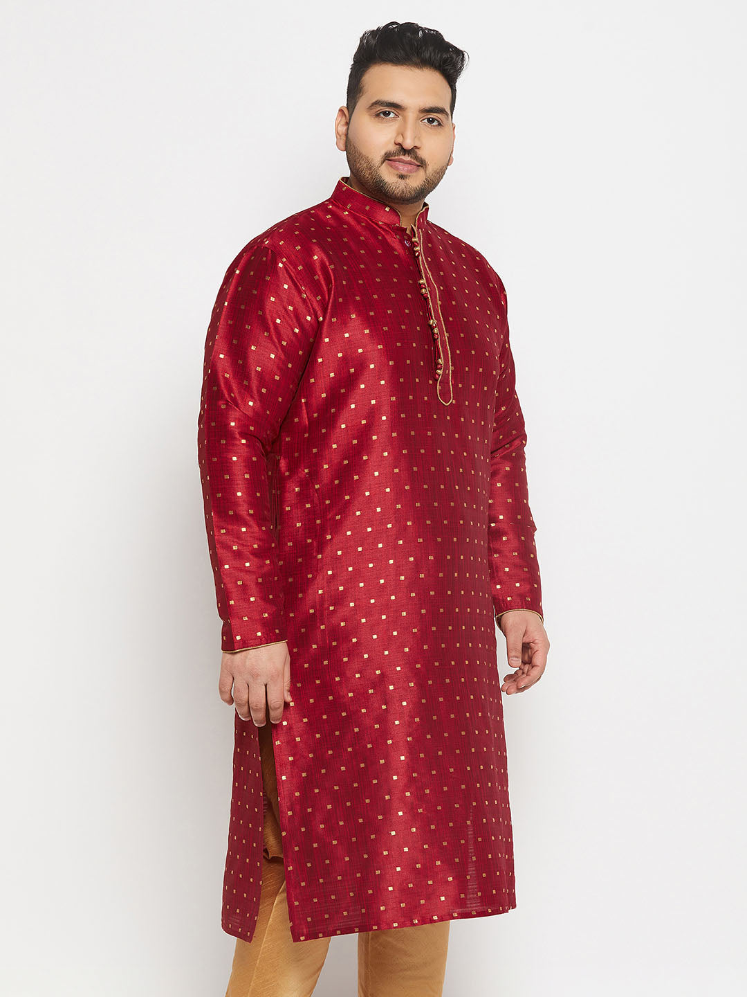 VASTRAMAY Men's Plus Size Maroon Zari Weaved Kurta