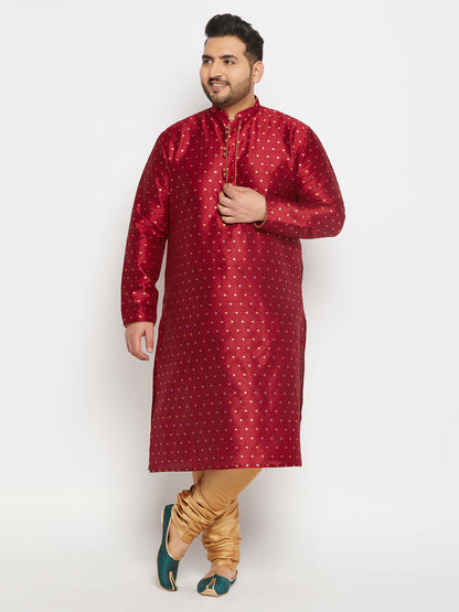 VASTRAMAY Men's Plus Size Maroon Zari Weaved Kurta