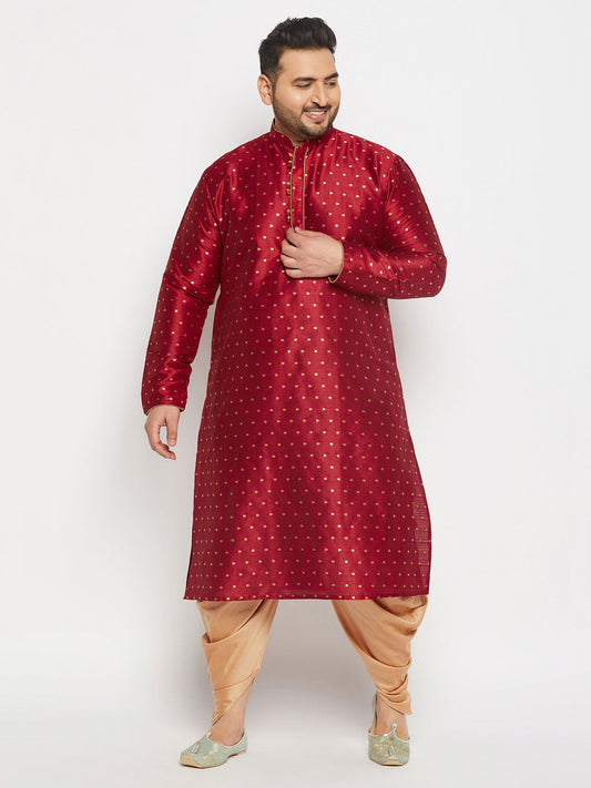 vastramay mens plus size maroon cotton silk blend kurta and rose gold cawl pant set