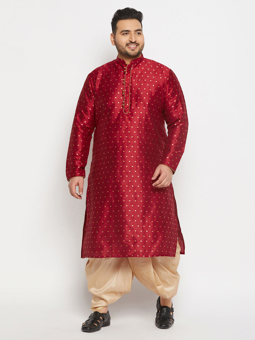 vastramay mens plus size maroon cotton silk blend kurta and gold pleated dhoti pant set