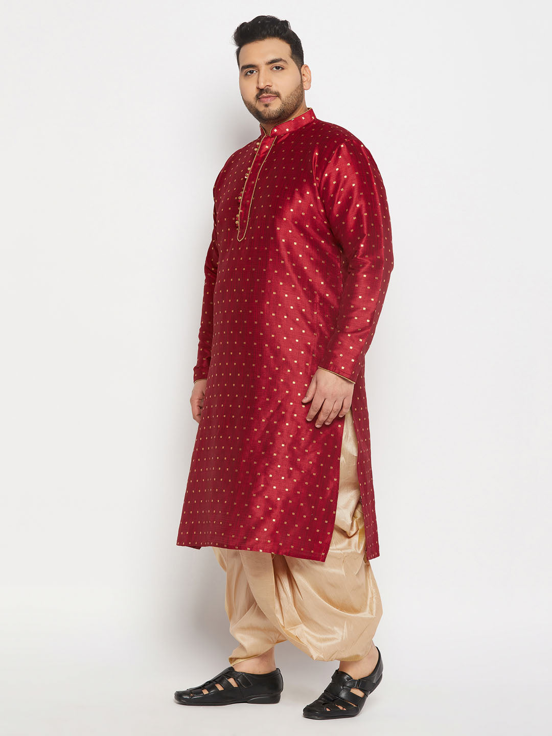 vastramay mens plus size maroon cotton silk blend kurta and gold pleated dhoti pant set