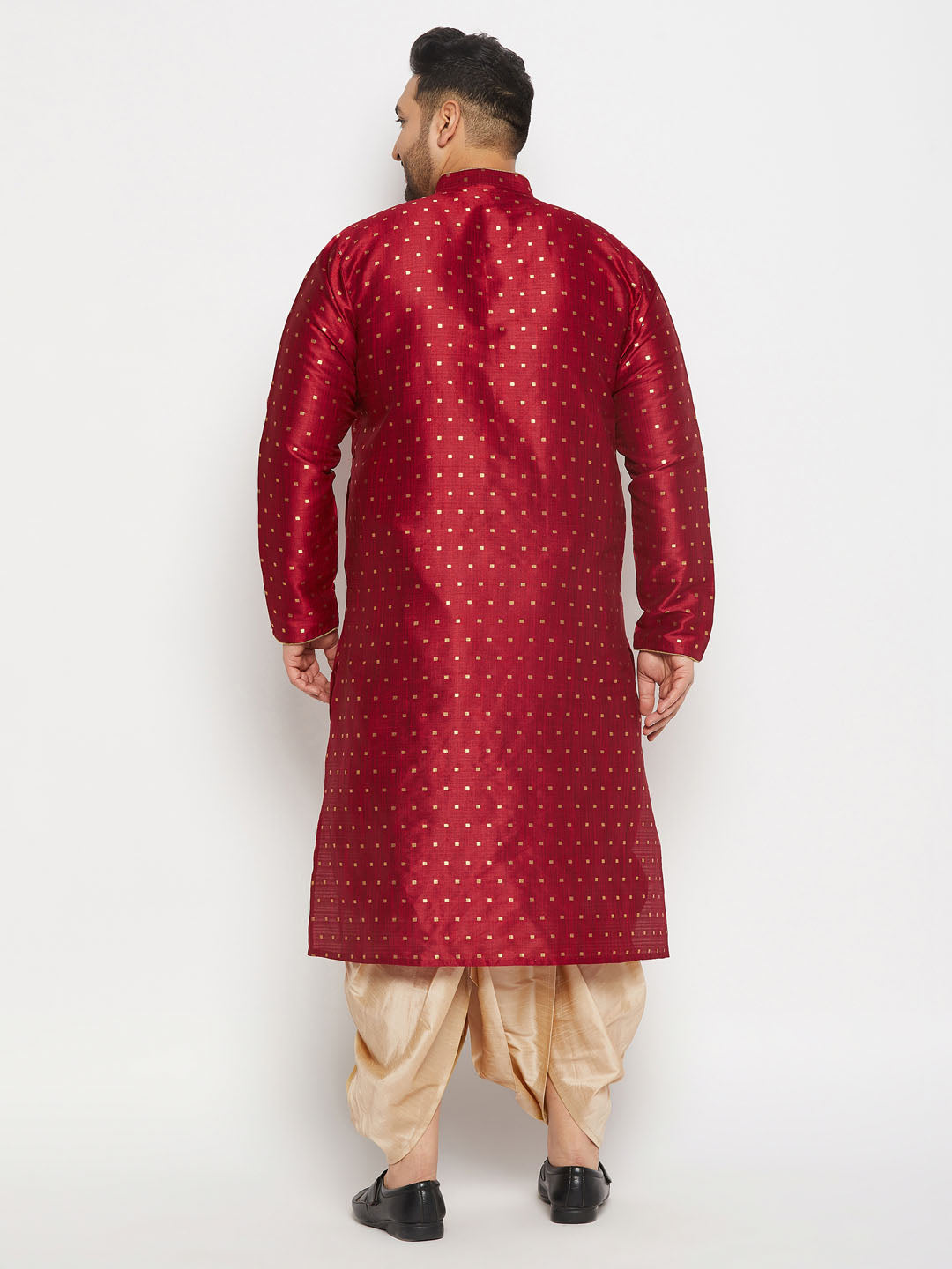 vastramay mens plus size maroon cotton silk blend kurta and gold pleated dhoti pant set