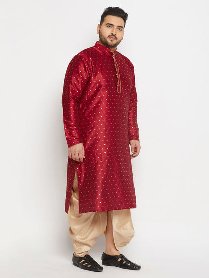 vastramay mens plus size maroon cotton silk blend kurta and gold pleated dhoti pant set