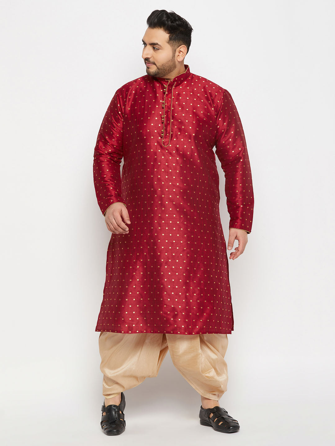 vastramay mens plus size maroon cotton silk blend kurta and gold pleated dhoti pant set