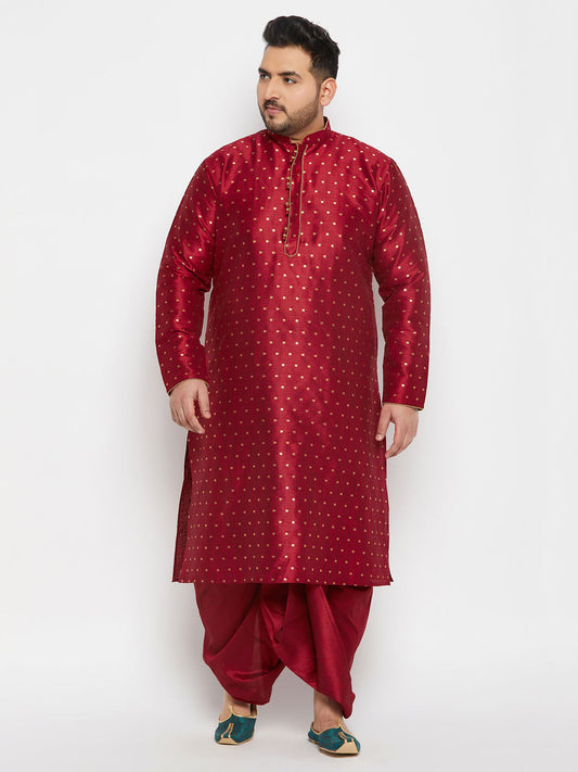 vastramay mens plus size maroon cotton silk blend kurta and maroon pleated dhoti pant set